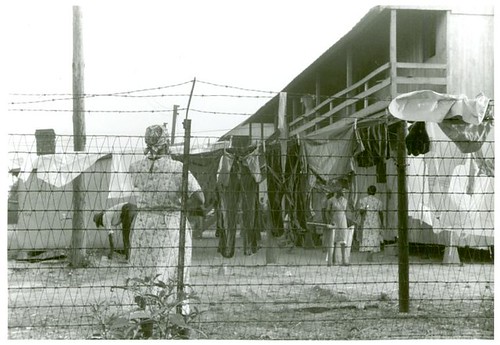 The barbed-wire enclosed camp for migratory workers at the C...